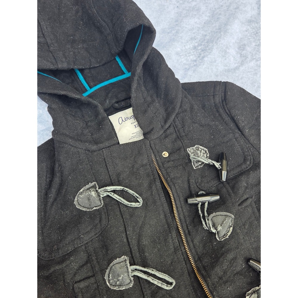 Aeropostale Womens Wool Blend Duffle Coat Black Hooded Toggle Jacket XS‎
